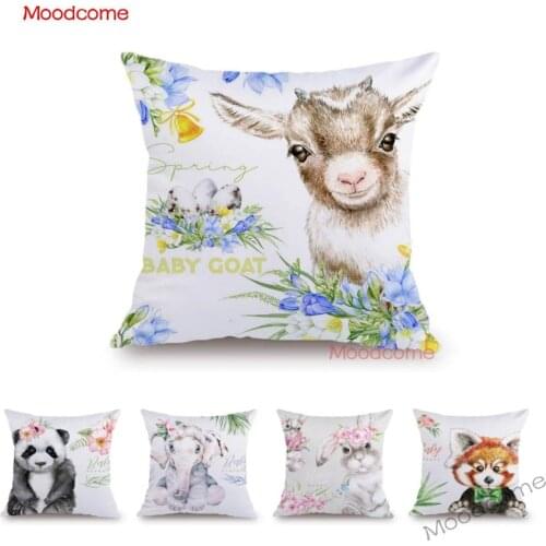 Lovely Cute Soft Velvet Baby Animals Panda Bunny Goat Children Room Decoration Sofa Throw Pillow Case White Floral Cushion Cover