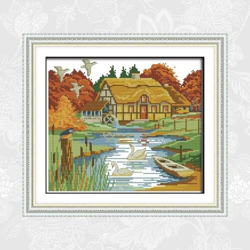 Cross Stitch Kits Autumn Senery Painting Printed on Fabric 14CT 11CT DMC Embroidery Sets DIY Handwrok Needlework Crafts