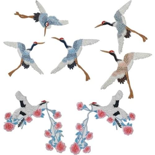 Chinese Style Patches for Clothing Embroidery Applique Sew on Red-crowned Crane Birds Decor DIY Embroidered Stickers for Clothes