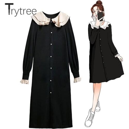 Trytree 2020 Autumn Women Casual Dress Black Ruffled Collar Butterfly Sleeve Single Breasted Loose Office Lady Mid-Calf Dress