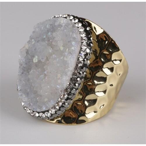 Oval clear white rough druzy drusy stone bead charm pave rhinestone big wide wrap hammered resizable gold women open ring cuff