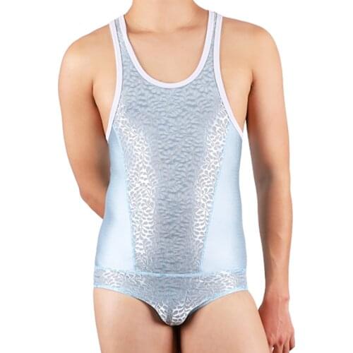 Sexy Lace Patchwork Undershirt Leotard Seamless Men Bodysuits Singlet Wrestling Jumpsuit Lingerie Slip Homme One-Piece Thong 2XL
