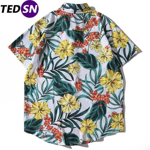 2021SS Tropical Flower Print Harajuku Men Shirts Summer Beach Hawaii Casual White Short Sleeve Streetwear Cotton Oversized Tops