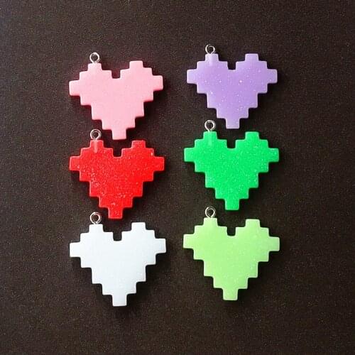 10pcs 33*27mm Cute Flatback Resin Glitter Pixel grid Heart charms For Necklace Keychain Pendant DIY Making Accessories