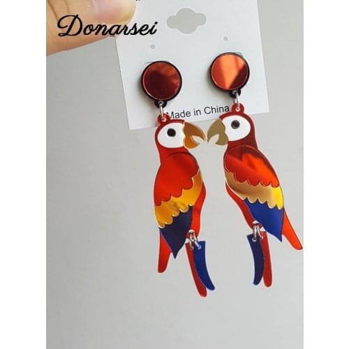 Donarsei Cute Colorful Parrot Acrylic Earrings For Women Acetate Fashion Animal Bird Long Drop Dangle Earrings Party