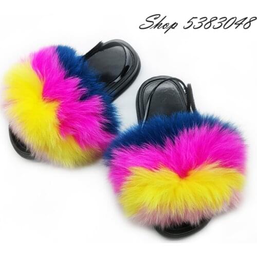 Cute Plush Furry Real Fox Fur Slides Kids Fur Slippers Children Rainbow Fur Sandals Girls Indoor Flat Toddler Fluffy Fur Slides