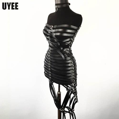 UYEE Women Full Body PU Leather Harness Skrit Sexy Body Bondage Chest Leg Strap Belt Stockings Clubwear Luxury Dress Suspenders
