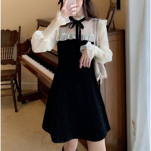 Spring Kawaii Dress Women Elegant Bandage Patchwork Mini Dress Female Casual Japanese Style Streetwear Korean Dress Women