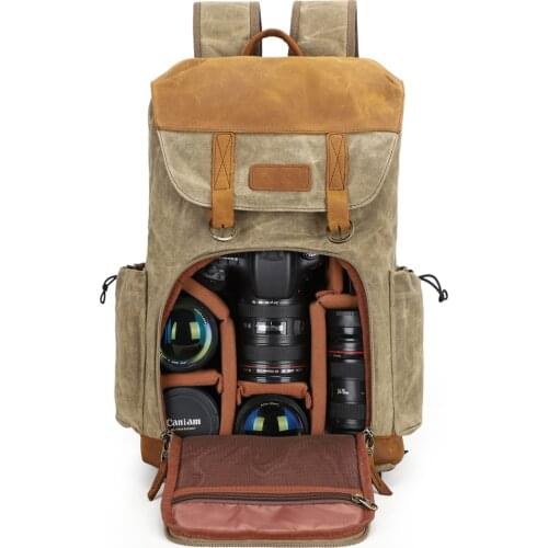 Vintage Waterproof Batik Canvas+Crazy Horse Leather Photography Camera Bag Men Women Outdoor Photo Backpack For Camera/Tripod