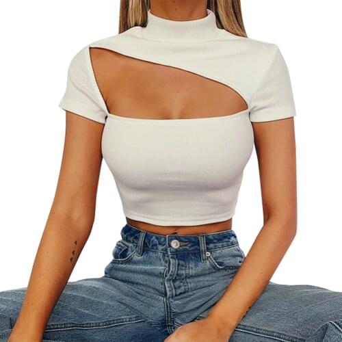 NEW 2020 Womens Tanks Summer Solid Short Sleeve Hollow Out Irregular Turtleneck Short Tops Skinny Sexy Lady Backless Wear