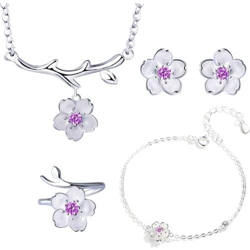 Romantic 925 Sterling Silver Jewelry Sets Poetic Daisy Cherry Blossoms Flower Necklace+Earrings For Women Jewelry bijoux femme