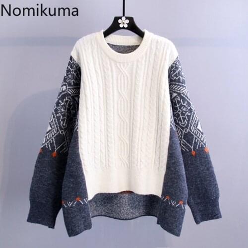 Nomikuma Oversized Women Sweater Vintage Contrast Color Twisted Patch Knitted Pullover 2020 Autumn Winter Thick Pull Femme 6C973