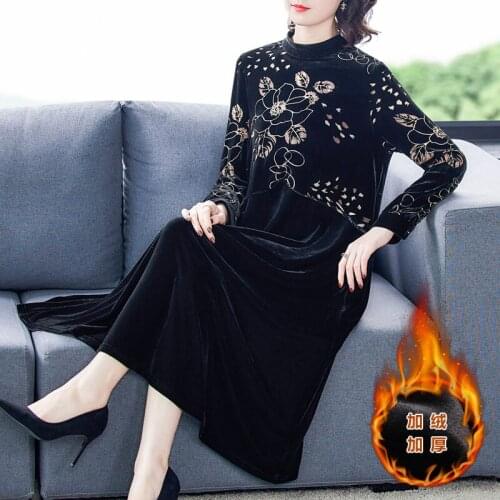 Gold Velvet Dress High-End Ladies New Temperament Womens Autumn And Winter Burnt Flowers Thickening Long Sleeve Dress Robe y867