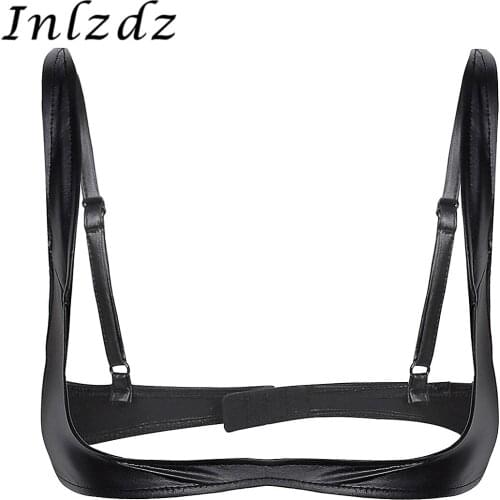 Womens Exotic Lingerie Sex Bra Fashion Faux Leather Adjustable Wire-free Open Cup Shelf Bra Exposed Breasts Nipples Hot Sexy Bra