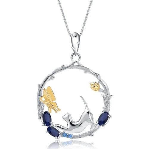 GEMS BALLET 0.84Ct Natural Blue Sapphire 925 Sterling Silver Handmade Cat & Butterfly Pendant Necklace Fine Jewelry for Women