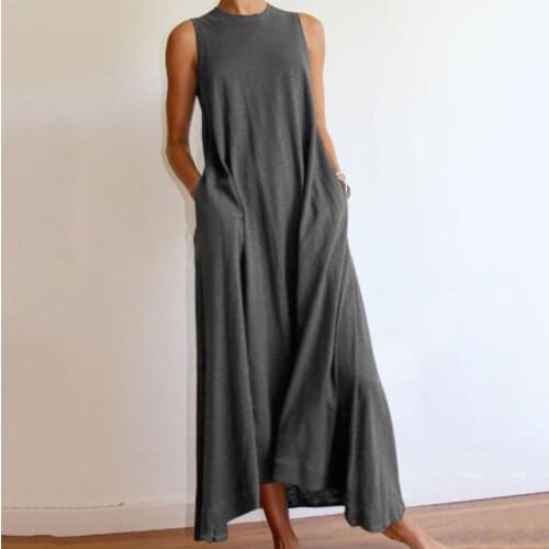 Summer Fashion Casual Comdy Long Dress Women Loose Solid Color Sleeveless Pockets Ankle-Length Dresses Daily Wear Dress