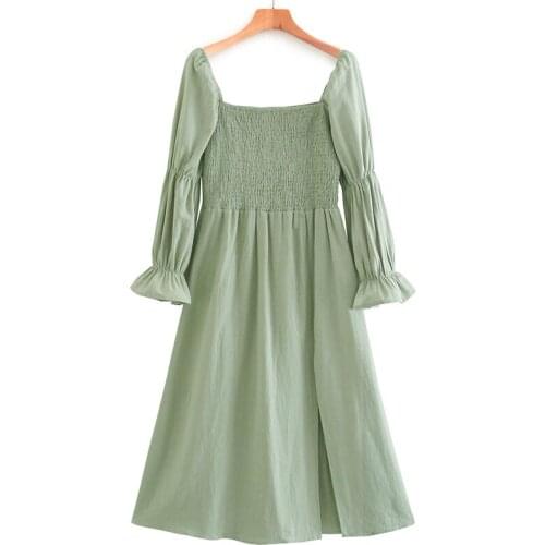 YENKYE Vintage Palace Style Square Neck Dress Women Sexy Slits Long Sleeve Holiday Party Autumn Dress Female Midi Vestido