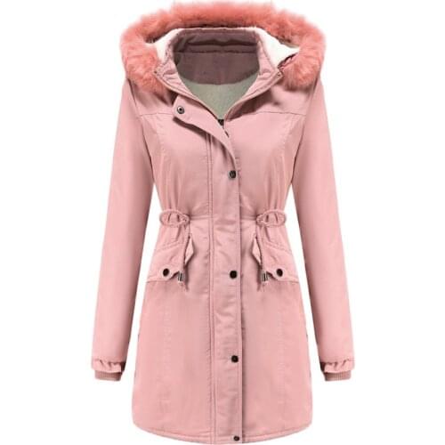 Winter Coat Women Pink Plus Size Loose Detachable Fur Collar Hooded Parkas Fashion Add Velvet Top Warmth Jackets Feminina LR1007