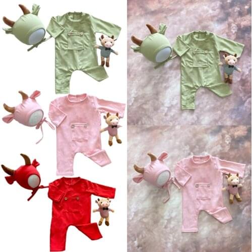 1set Ox Year 100 Days Baby Romper Baby Hat Doll Set Infants Studio Photo Shooting Clothing Newborn Photography Props Outfit