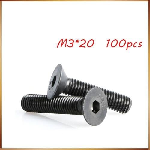 100pcs M3x20 mm M3*20 mm flat head countersunk head black grade 10.9 Alloy Steel Hex Socket Head Cap Screw nails,bolts
