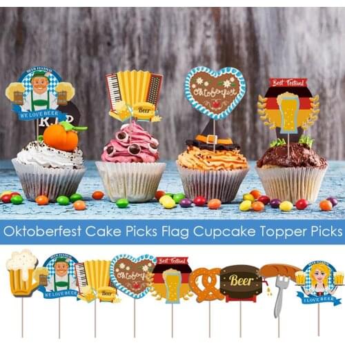 9PCS Oktoberfest Cake Picks Flag Cupcake Topper Picks Cake Inserts Party Props For Oktoberfest Party Holiday Decorations