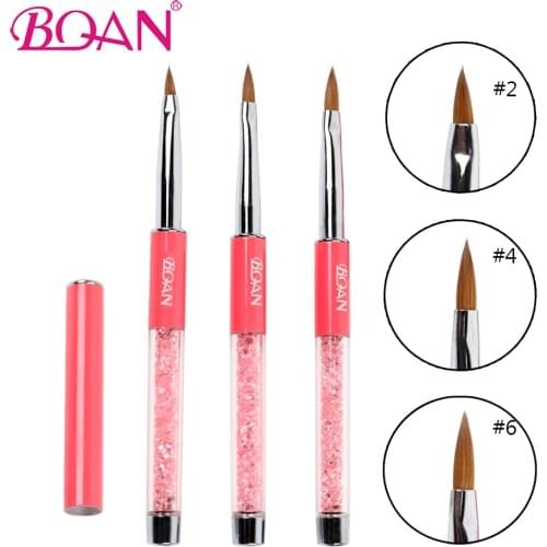 BQAN 1 Pc #2/#4/#6/#8 Acrylic Nail Art Brush Pink Rhinestones Handle kolinsky Sable Hair Manicure Tool Nail Paint Drawing Brush