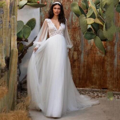Eightree Deep V-Neck White Wedding Dress Sexy Backless Lace Tulle Party Long Sleeve Dress Simple 2021 Beach Wedding Dresses