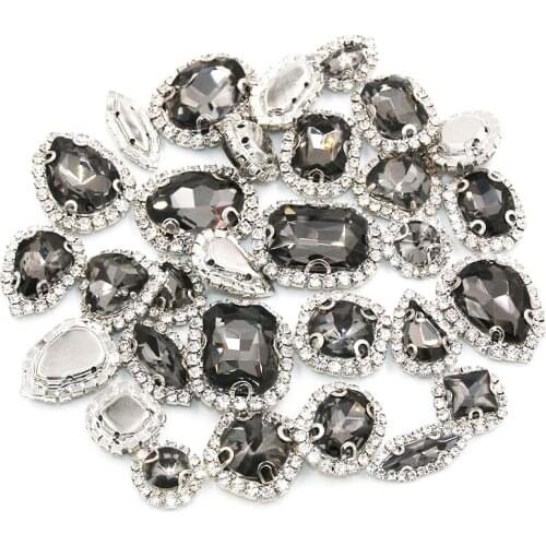 Free shipping silver base Gray crystal buttons sew on glass rhinestones with cup chain rim diy clothing