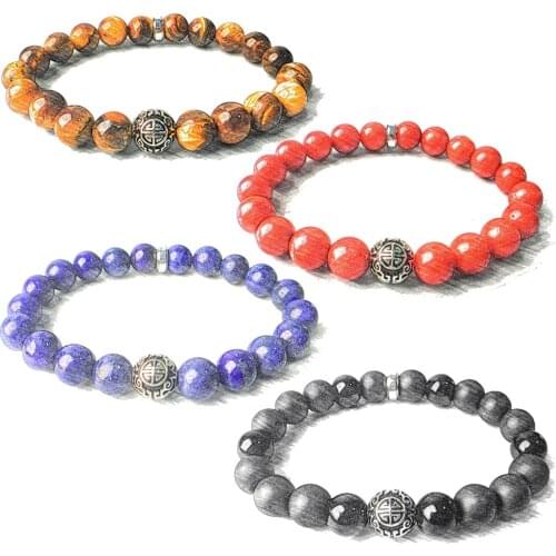 8MM Strand Bracelets Long Life Tigers Eye Red Coral Stone Black Blue Bead Bangle 925 Sterling Silver Longevity Jewelry Women Men