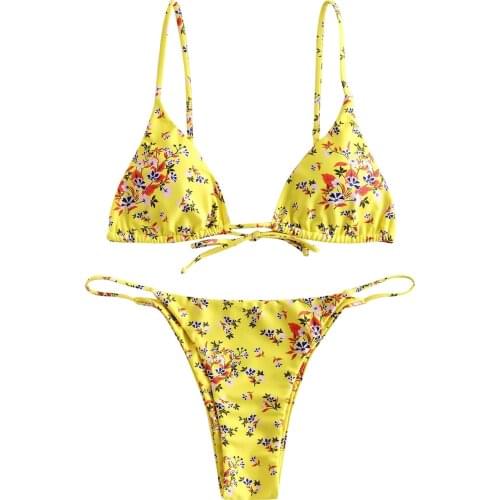 Women Yellow Swimsuit Bathing Suit Women Bikini Set Two Pieces Print Push-Up Thong Bra Sets Swimsuit Separate