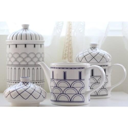 European Architectural Style Ceramic Embossed Line Drawing Teapot Storage Jar