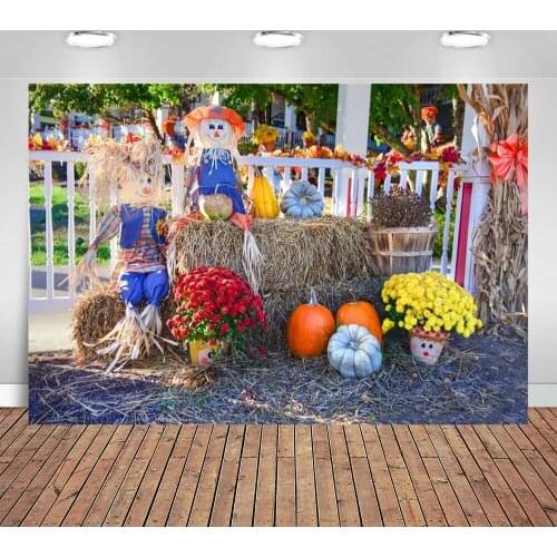 Autumn Harvest Thanksgiving Background Rural Pumpkins Scarecrows Straw Haystack Photography Backdrop Fall Countryside Farm Props