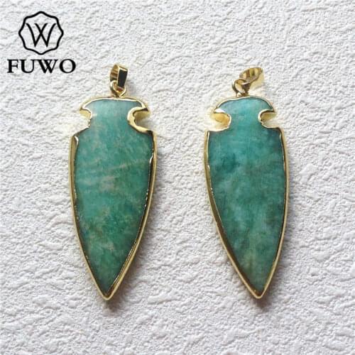 FUWO Natural Arrowhead Amazonite Stone Pendant With 24K Gold Electroplated Edge Fashion Green Gem Stone Pendant PD175