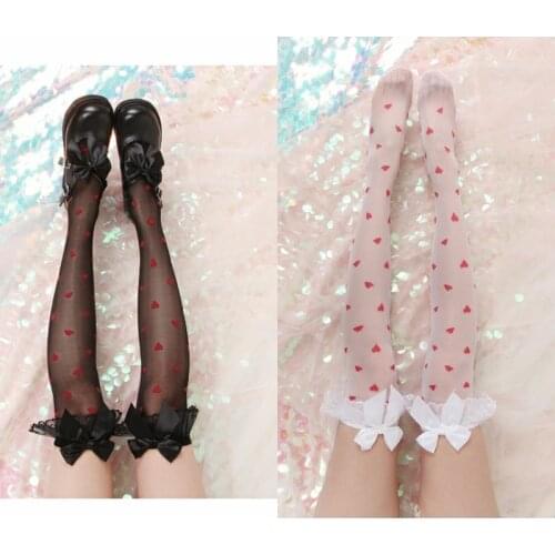 JJapanese Lolita Girls'Loving Printing Slim with Knee Socks, Big Butterfly Knot and Lace Sexy JK High Socks WGR-CT4