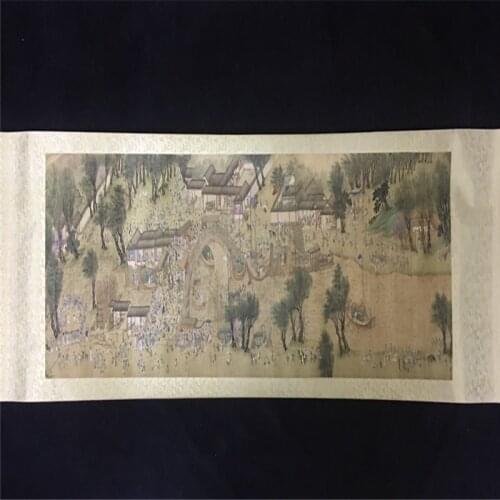 Chinese Old long Scroll Painting Riverside Scene at Qingming Festival Picture
