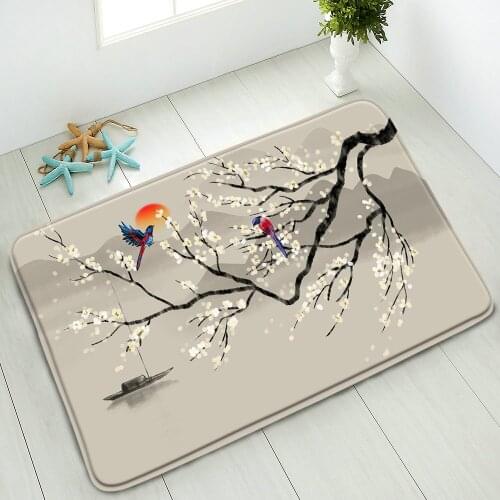 Chinese Style Floor Mat Flower Bird Ink Painting Bathroom Non-Slip Pad Living Room Bedroom Kitchen Door Mats Home Decor Washable