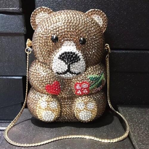 High Quality Brown/White Animal Bear Shape Lady Clutch Bag New Fashion Women’s Diamond Mini Shoulder Chain Handbags Female Purse