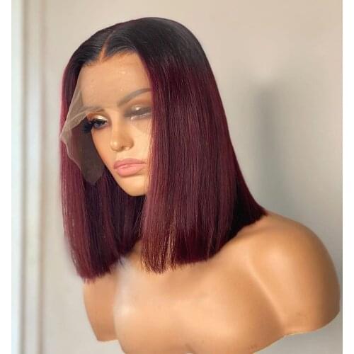 Short Bob 13x6 Lace Front Wig 1B 99J Straight Burgundy Human Hair Wig Brazilian Remy Pre Plucked Ombre Wine Red 180 Density
