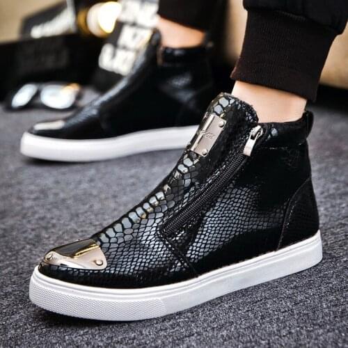 Sneakers Men High Top Microfiber Platform Shoes Brand Fashion Printmens Shoes Black PU Hot Footwear Male Vulcanize Shoes D5-17