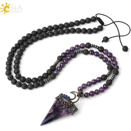 CSJA Natural Stones Lava Rock Long Necklaces Triangle Pendants 6mm Purple Crystal Pink Quartz Beads Women Men Sweater Chain G427