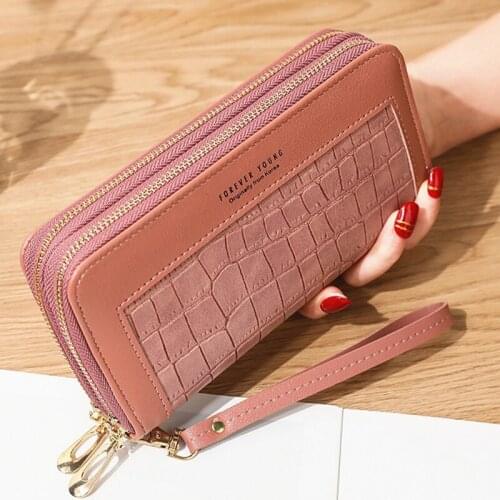 NEW Stone Pattern Wristband Women Wallets Female Phone Purse Leather Ladies Woman Long Wallets Card Holder Double Zipper Clutch