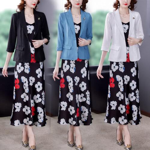 Clothes Summer Fall 2021 New Fashion Set Women Plus Size Slim Elegant Floral Print Sling Dress Blazer Suit 2 Piece Outfit M163