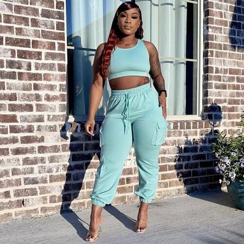 Activewear Solid 2 Two Piece Sets Round Neck Sleeveless Camisole and High Waist Drawstring Overall Summer Matching Set Outfit