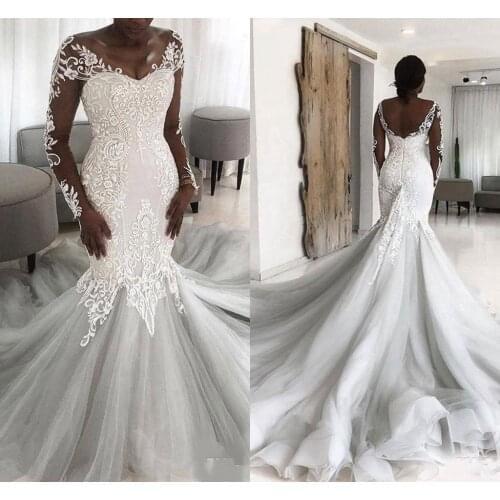 African Lace Mermaid Wedding Dresses Plus Size Sheer Long Sleeves Bridal Gowns Court Train Backless Vestidos De Novia
