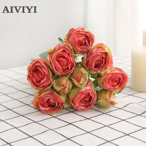 Hand Tied 10 Heads of Coke Edge Roses Christmas Decorations for Wedding Autumn Party Desktop Home Decor Artificial Flowers Wall