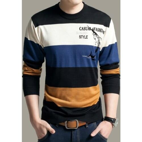 Spring Summer Mens Sweaters Long Sleeve Casual Clothing Round Neck Striped Knitted Tops Fashionable Wear