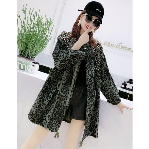 Streetwear Womens Denim Jacket Loose Korean Style Mid-Length Spring Fall Large Size Hip-Hop Leopard Print Windbreaker Coat y638