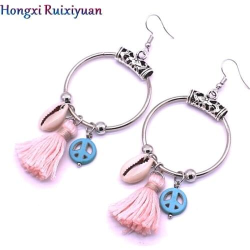 Vintage Earrings Bohemian Shell Natural Stone Crystal Alloy Flower Earrings & Ear Hook Tassel Round Lady Earrings Jewelry