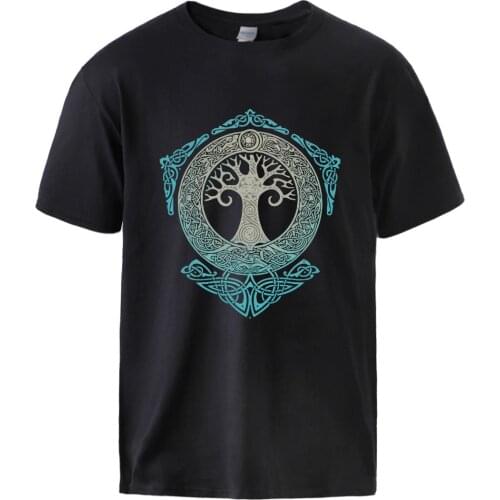 Vikings T-shirts for Man Yggdrasil Norse Mythology Summer Cotton T shirts Tee Male Casual Short Sleeve Crewneck Streetwear Tee