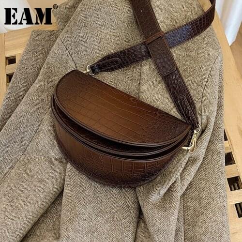 [EAM] Women New Brown Wide Strap Saddle PU Leather Flap Personality All-match Crossbody Shoulder Bag Fashion Tide 2021 18A1777